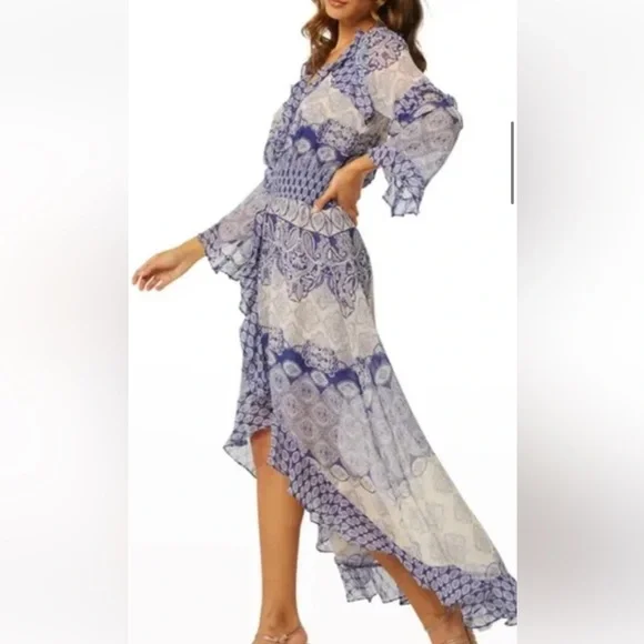 Misa Los Angeles High/Low Bohemian Maxi Dress with Blue and Cream Patterns - Picture 2 of 13